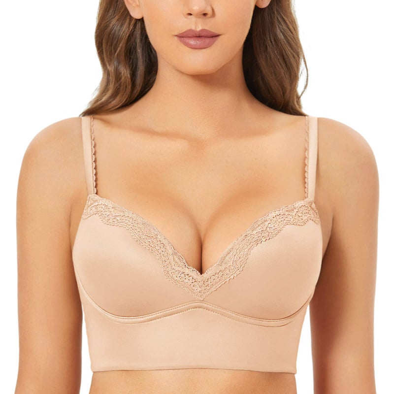 DOBREVA Women's Push Up Bra Wireless Padded No Underwire Back Smoothing Bralettes Sports Bras Beige 34DD - Image 1